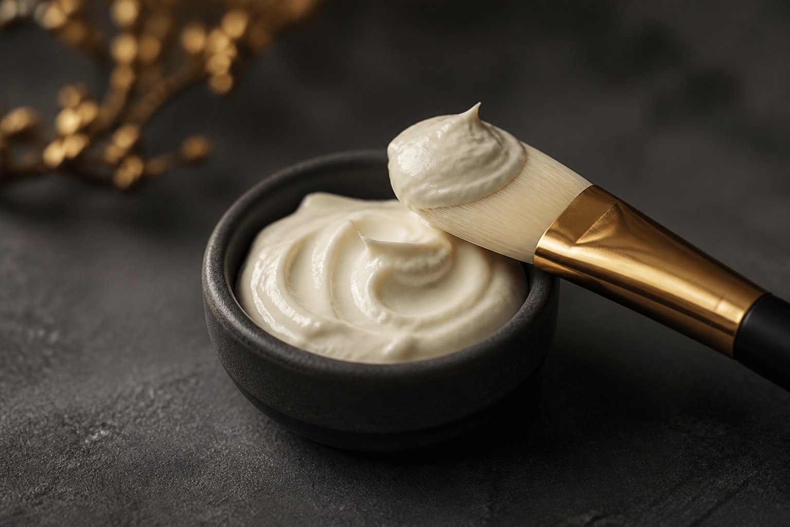 Calming cream on a treatment brush beside a ceramic dish