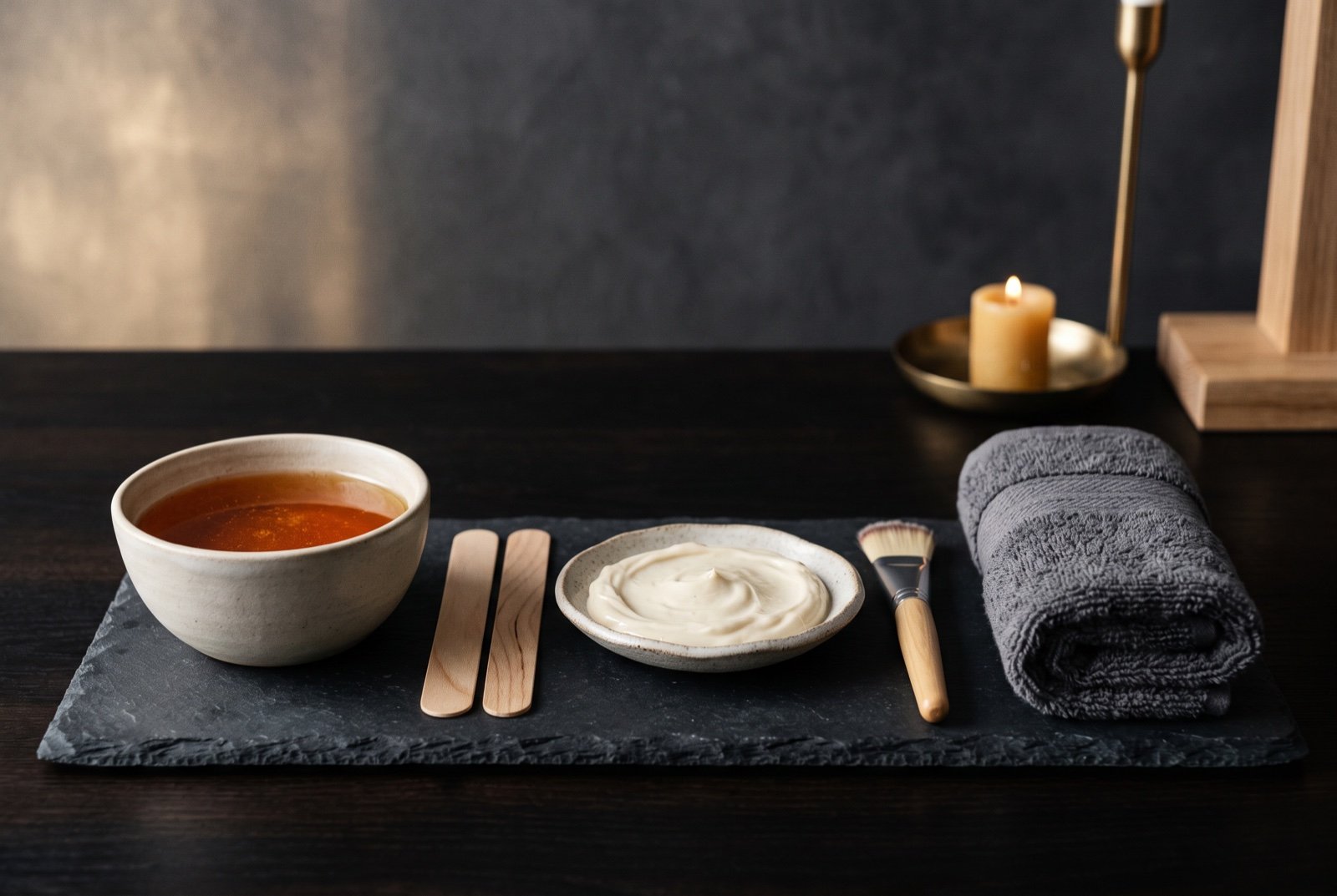 Wax, calming mask, spatulas and a towel arranged on a spa tray